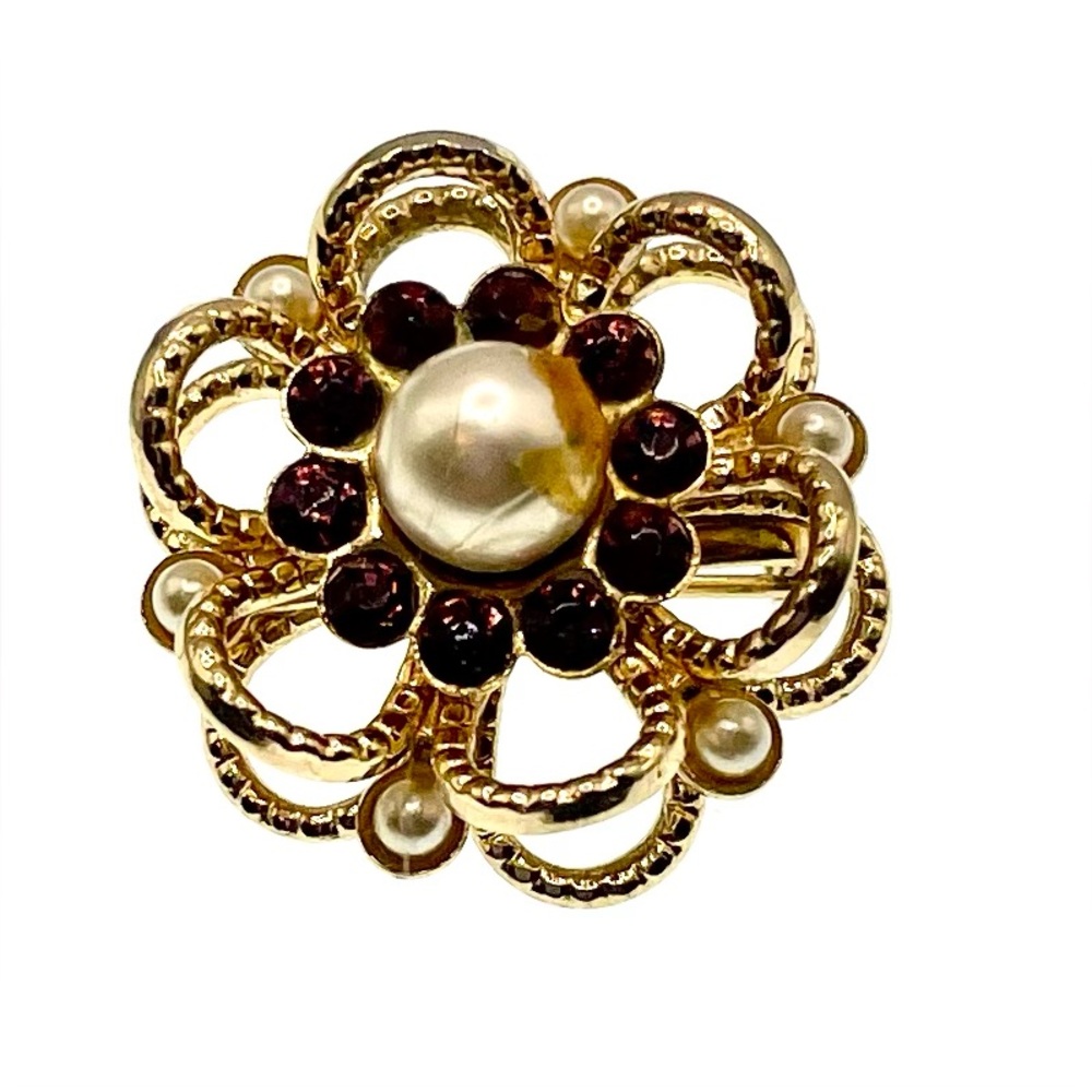 Vintage Gold Tone Layered Floral Design  Faux Pearls Crystals Brooch Scatter Pin